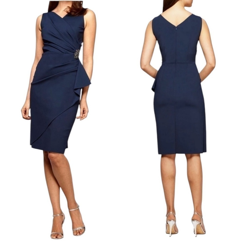 𝅺NEW Alex Evenings Side Ruched Embellished Knee Length Cocktail Dress Navy Blue
